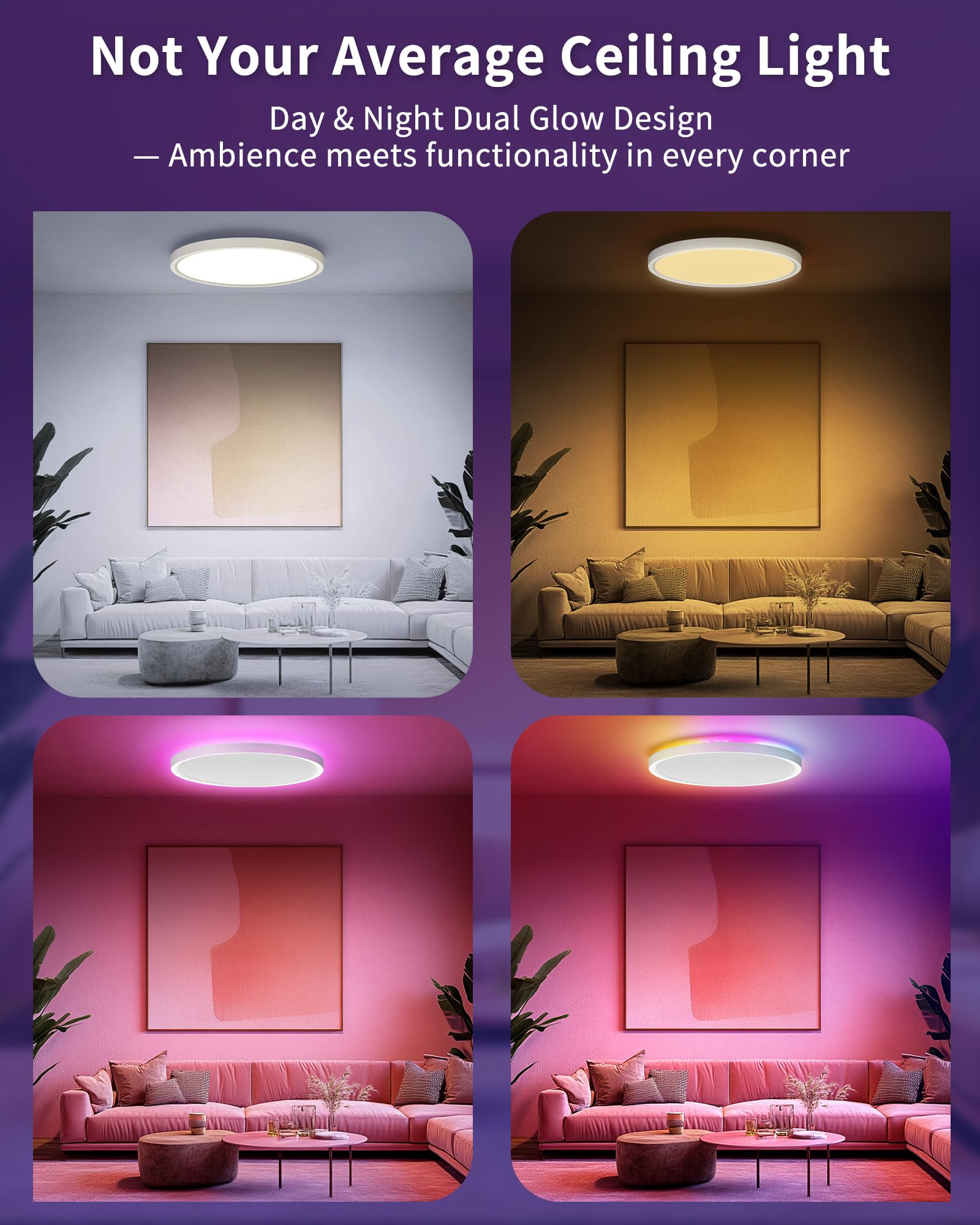 Plafón LED Inteligente 24W Regulable con Mando y Control WiFi – Lámpara de Techo Ultrafina con Luz de Fondo RGB, Compatible con Alexa y Google Home, para Salón y Dormitorio