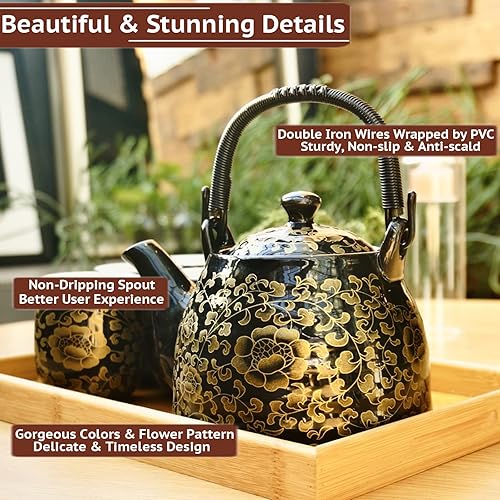 Miniatura 3 de Juego de té tradicional japonés, bonito juego de té negro con bandeja e infusor, juegos de té chino/asiático para 6 adultos, tetera de porcelana y