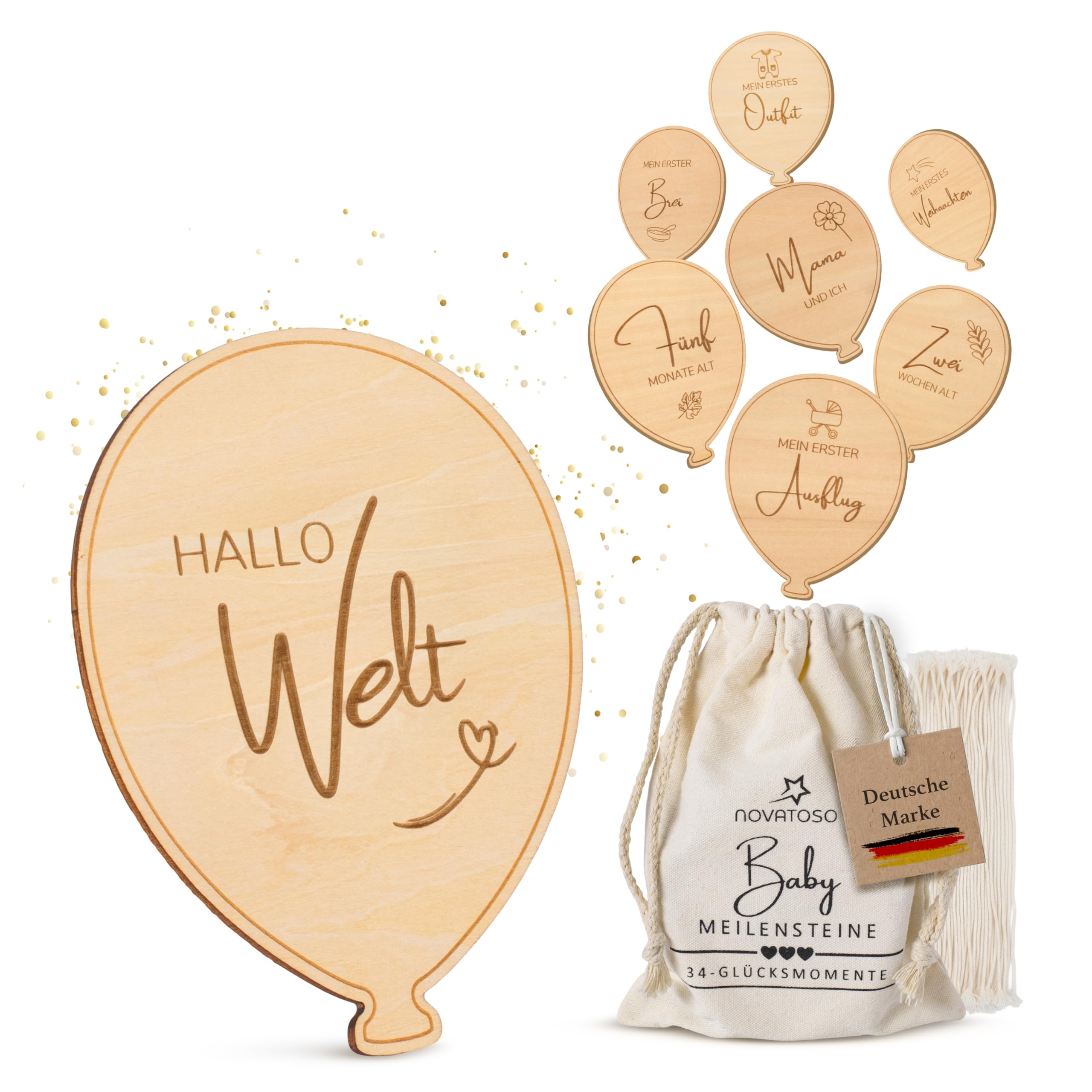 Novatoso Baby Meilensteinkarten Holz – 34 Meilensteine Luftballonform - Baby-Meilensteinkarten als Babygeschenk - Meilensteinkarte Geschenke zur Geburt Junge & Mädchen - 12 Monate Meilenstein Karten