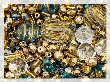 2.1oz (60 g) Mix of Unique Czech Bohemia Glass Pressed Beads, Rocailles, Aztec Pale Gold Crystal, Matte and Glossy, Hand Made BCV