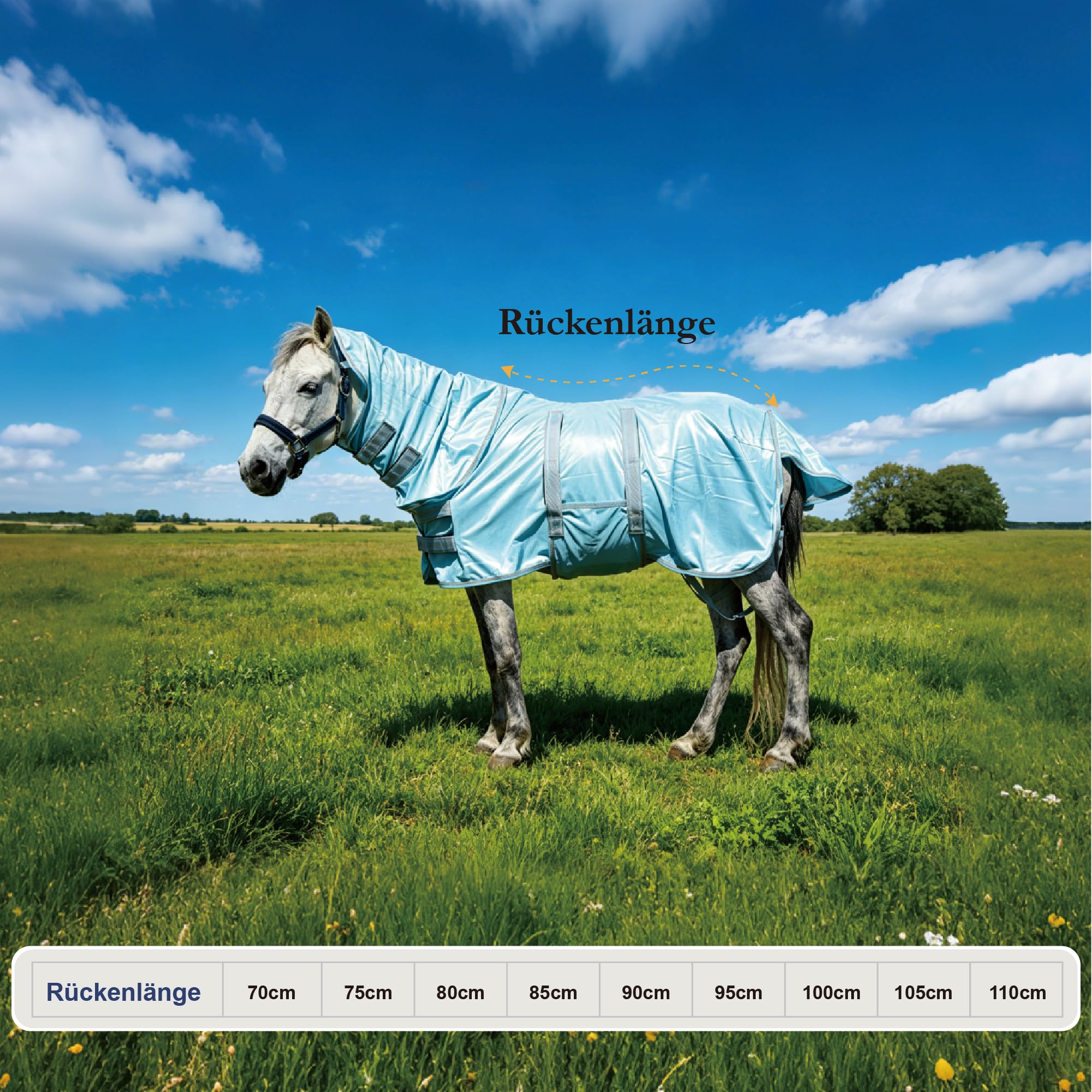 Manta para moscas Pony con cuello desmontable, transpirable y ligera, cómoda, manta de verano para mini caballos Shetty y miniatura, correas ajustables para pecho y vientre azul, 105 cm