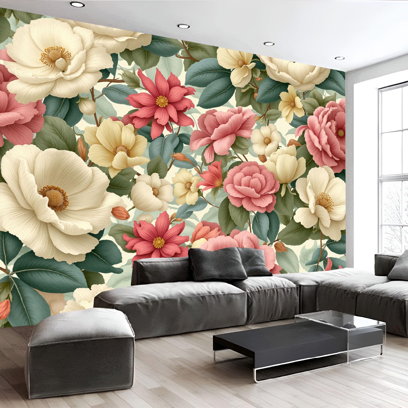 Papier peint floral vintage au décor panoramique raffiné beige et rose