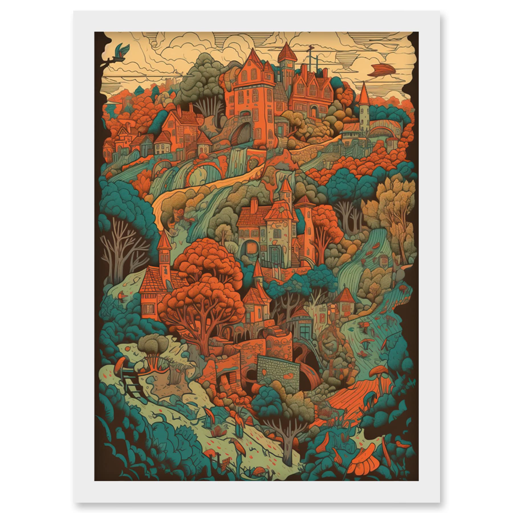 Artery8 Village in Forest Coral and Teal Blue Illustration Artwork Framed Wall Art Print A4