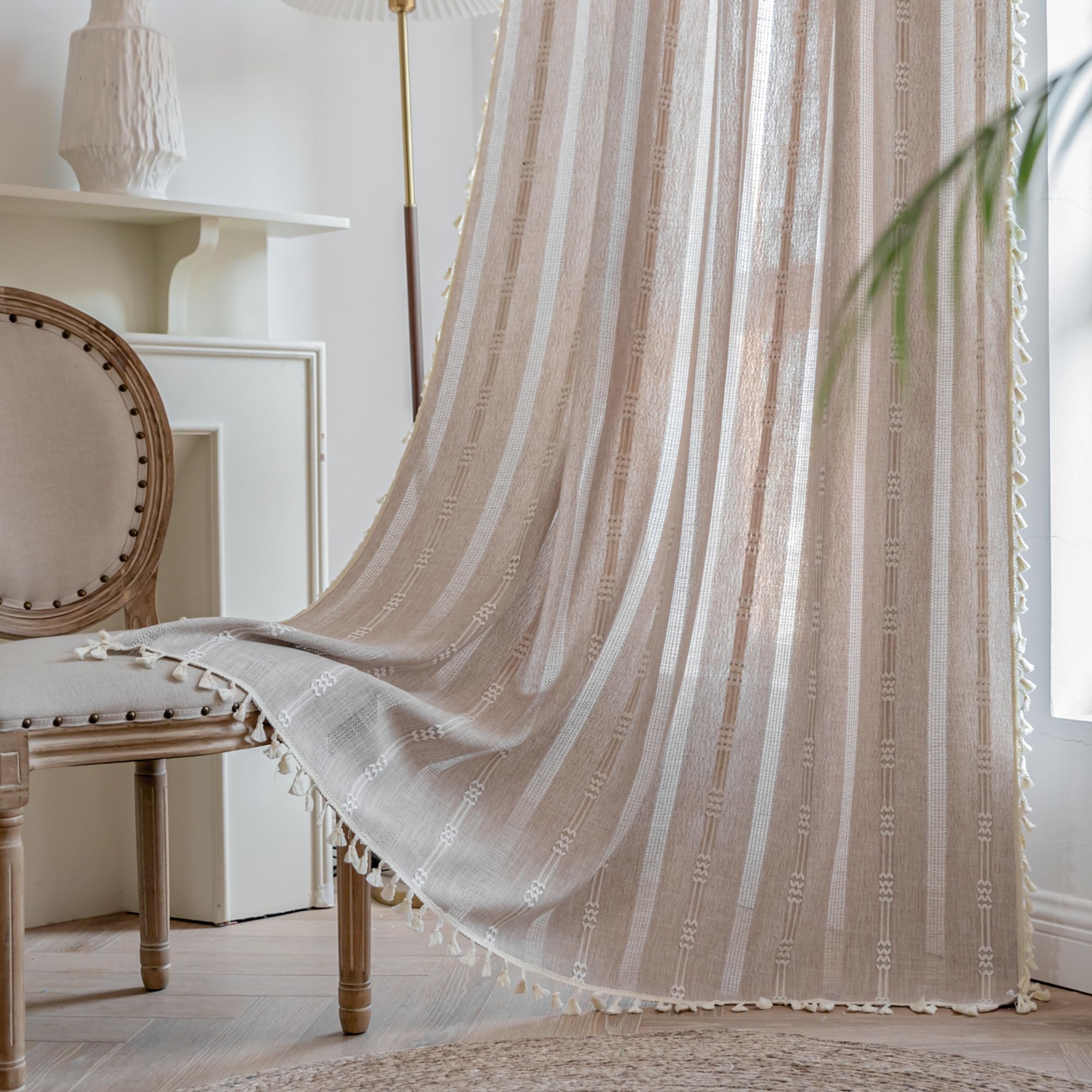 KOEXM Boho 2 Panel Embroidered Linen Curtains - 96 Inch Semi-Blackout, Bohemian, Light Filtering for Bedroom, Living Room, Nursery