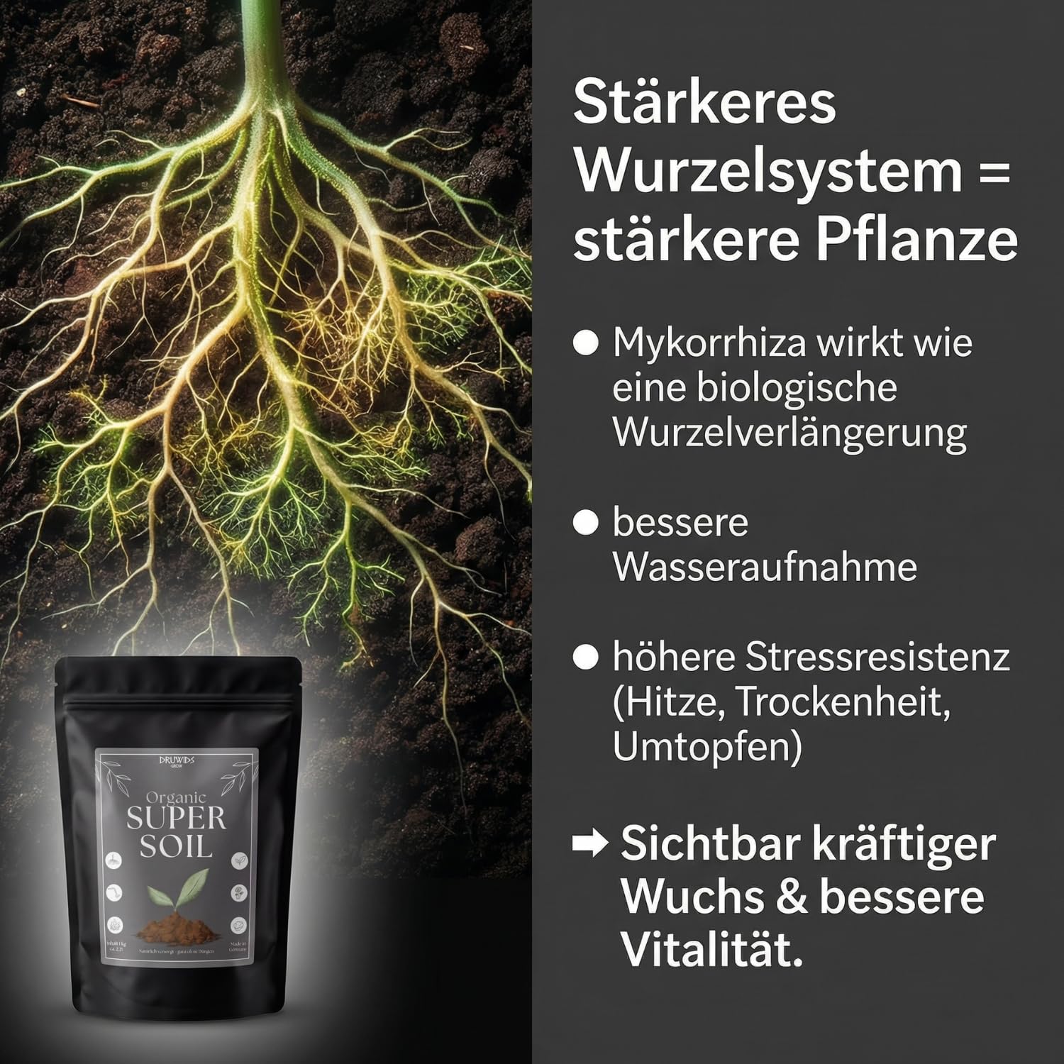 Super Soil Living Grow & Blüte Druwids Erde 1KG Perlit, Wurmhumus, Mykorrhiza NPK Dünger als Anzuchterde oder Dünger für Starkzehrer, Pflanzen und Samen Growerde Zubehör Set mit Wurzelaktivator