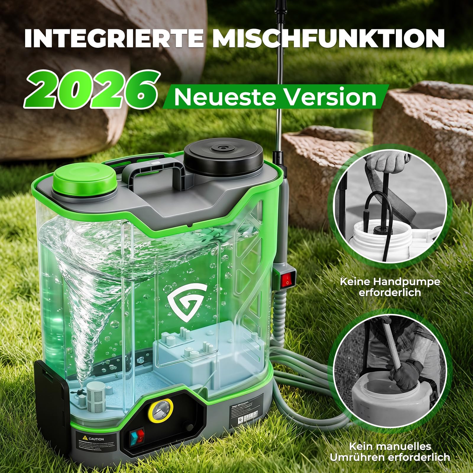 Pulverizador a presión con batería de 18L con 2 baterías de 21 V y 4,0 Ah, jeringa de espalda con presión de 0-100 PSI, sistema de agitación, 7 boquillas y lanza telescópica, para jardín