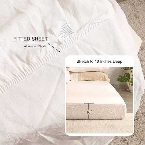 Miniatura 6 de GHUIPRO Juego de sábanas de 100 % lino francés natural, 4 piezas, ropa de cama suave y transpirable con bolsillos profundos (1 sábana encimera, 1