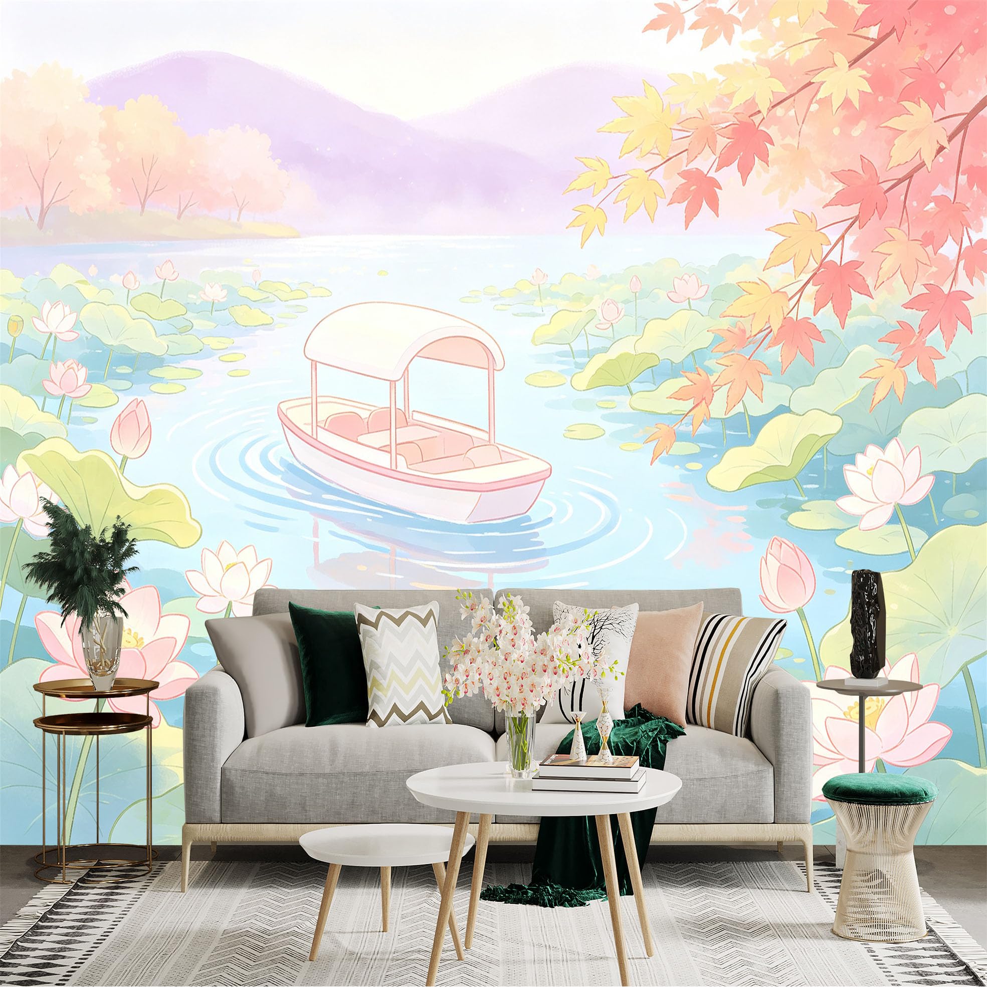 Custom Size Wall Sticker Mural， Dreamy Lotus Pond with Small Boat， Autumn Foliage and Cute Ducks， for wall Decoration， peelandstick wall Decals.