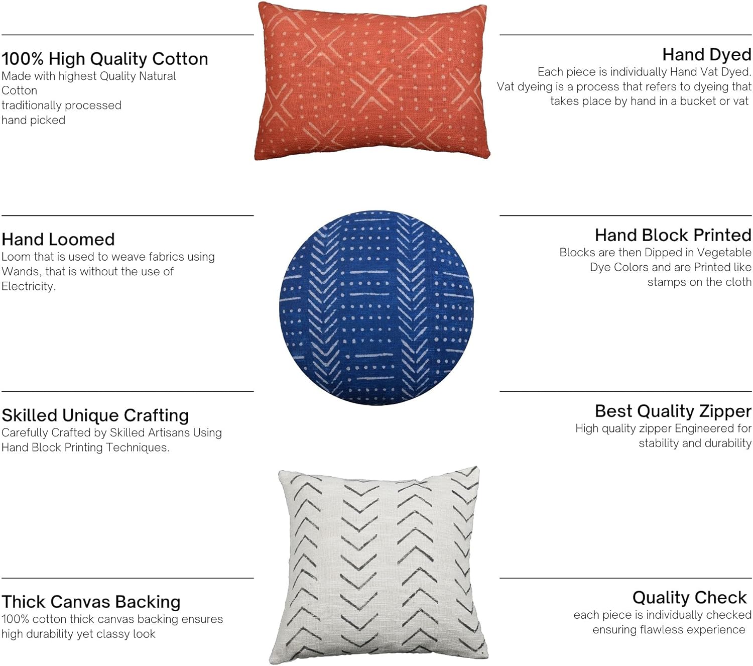 Trade Star Handloomed Throw Pillow Cover 100% Cotton Mudcloth Pillow Cover Tribal Print Boho Accent Bedroom Decoration Cushion Cover Handmade Indian Pillow Case Long Lumbar Cushion Case