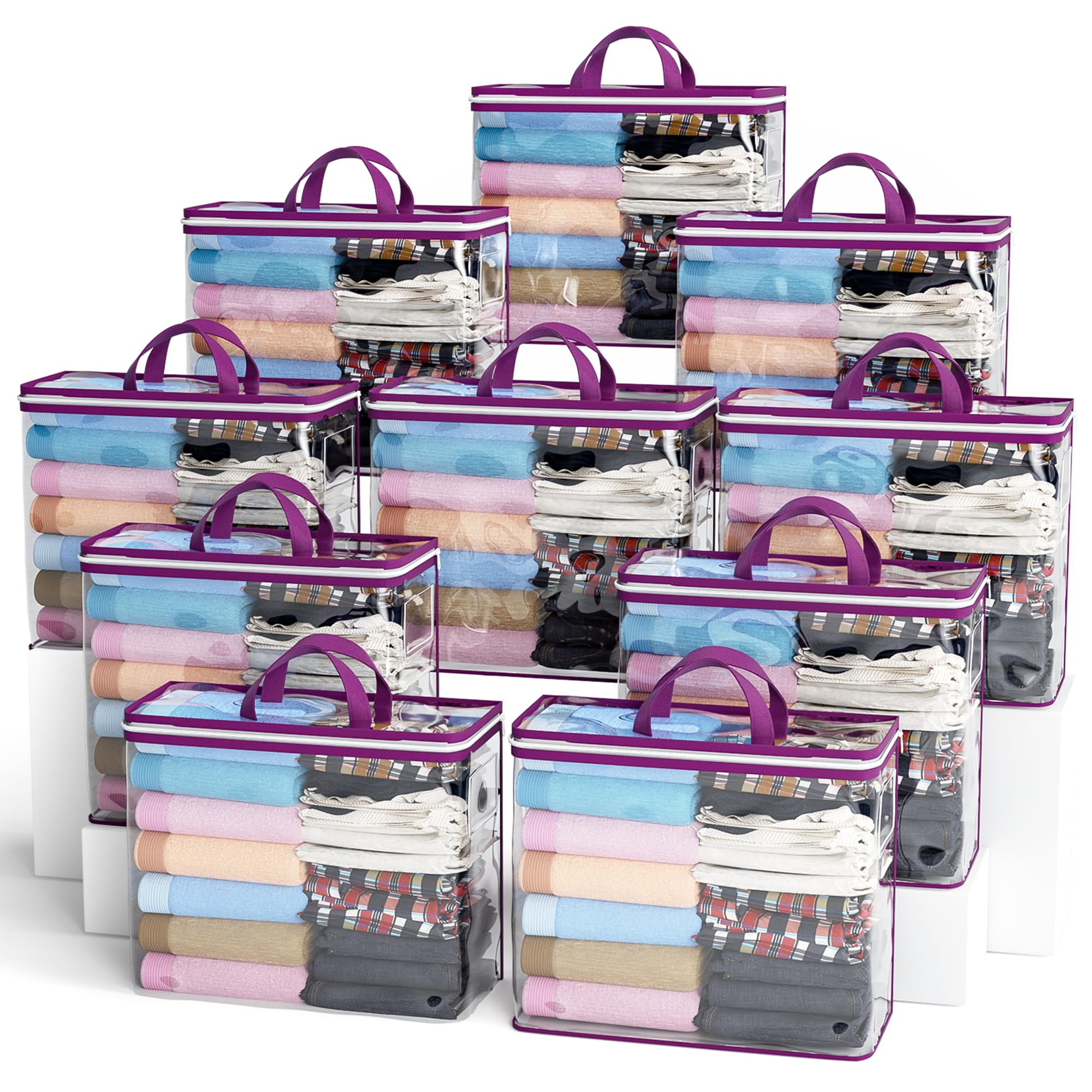 Clear Zippered Storage Bag Foldable Storage Bag, 22L Clear Storage Bags for Clothes, and Blanket Storage Bags for Bedding, CDs, Blankets, Comforters, Clothing & Toys (Purple, 10Pack)
