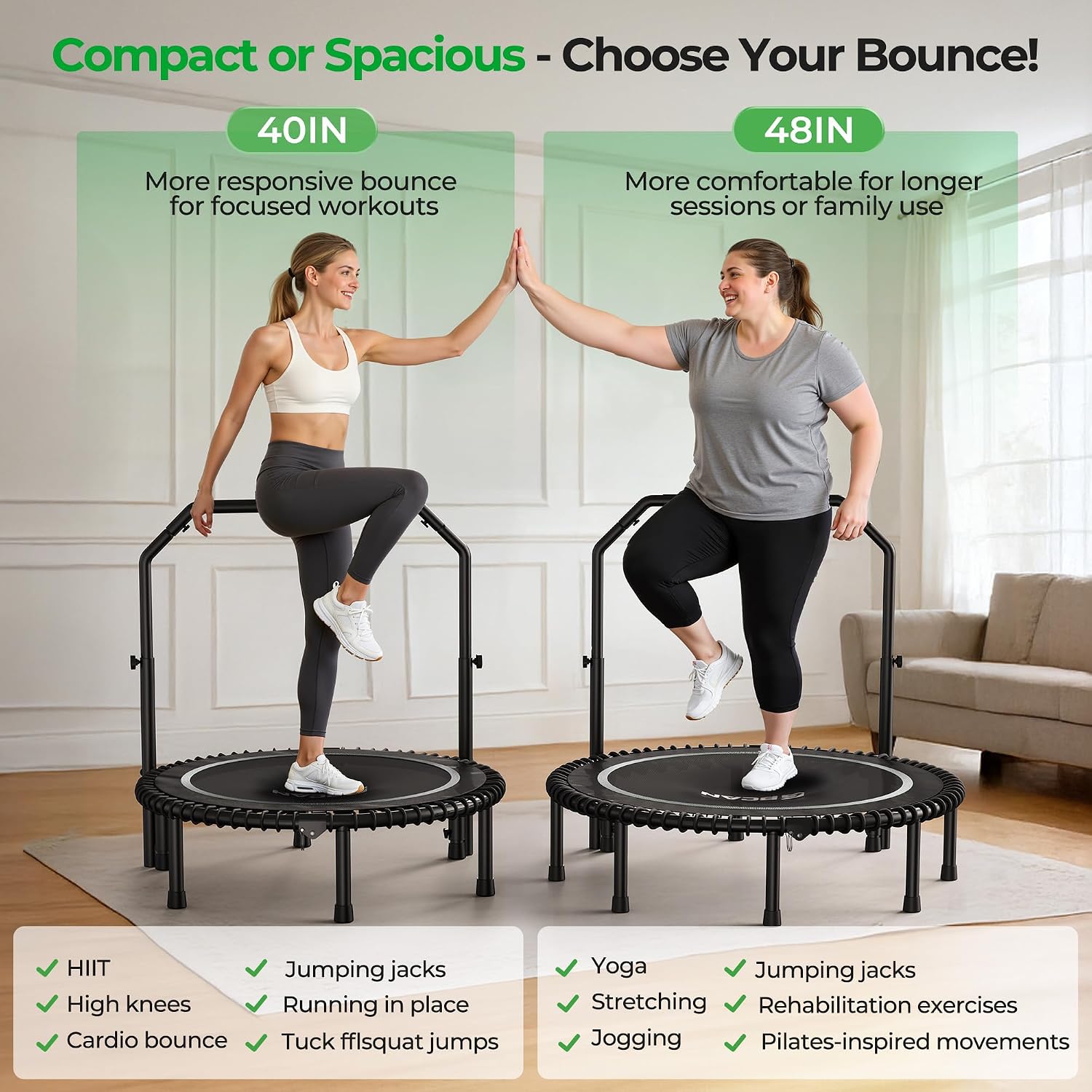BCAN BT2 450/550LBS Mini Rebounder Trampoline for Adults with Bar, Fitness Trampoline with Bungees, Adjustable Handle, Stable & Quiet, Indoor Outdoor, Whole-Body Workout & Relaxation at Home-40IN/48IN