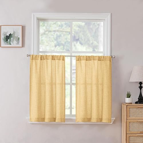 Tollpiz Cortinas Cortas de Lino de Niveles con Bolsillo para Varilla Semi Transparentes Media Cortina de Cocina de Arpillera Filtrado de Luz