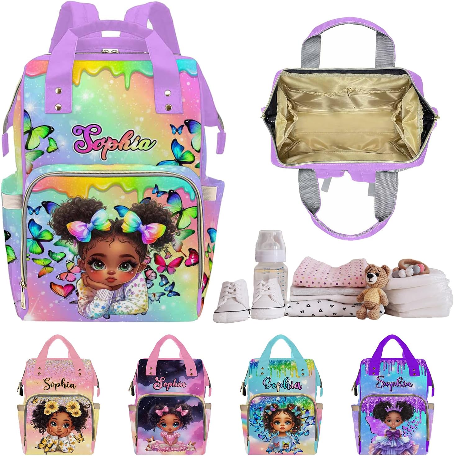 Customized Diaper Backpacks, Personalized Colorful Butterfly Diaper Bags Custom Travel Nappy Mommy Bags Backpack with Name for Mother Aunt Birthday Mother's Day