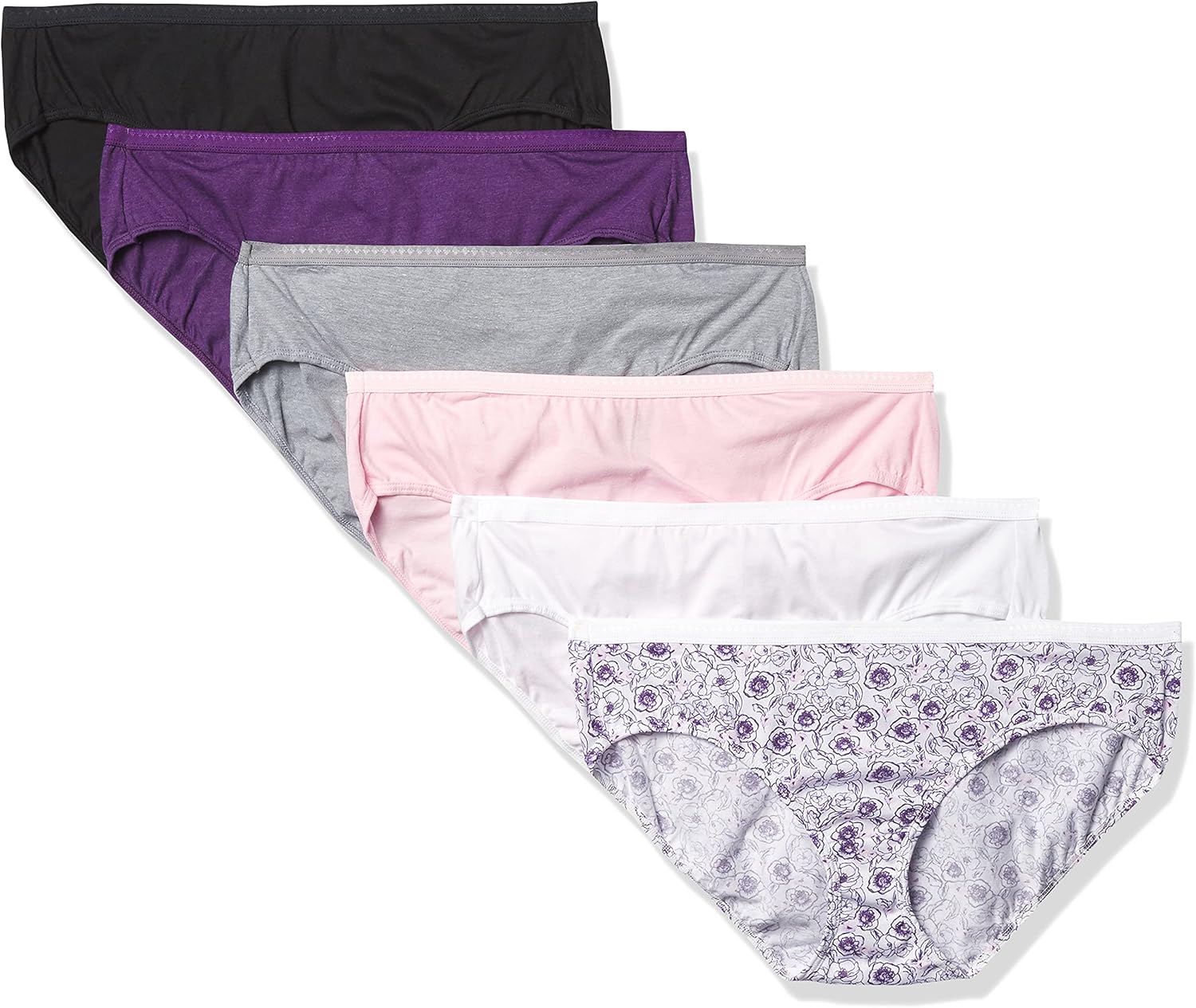 Hanes Ultimate Women’s 6-Pack Breathable Cotton Hipster Panty, Sugar Flower Pink, White, Concrete PE Heather, Black, Purple Vista Heather, Purple Vista Floral Print, 6