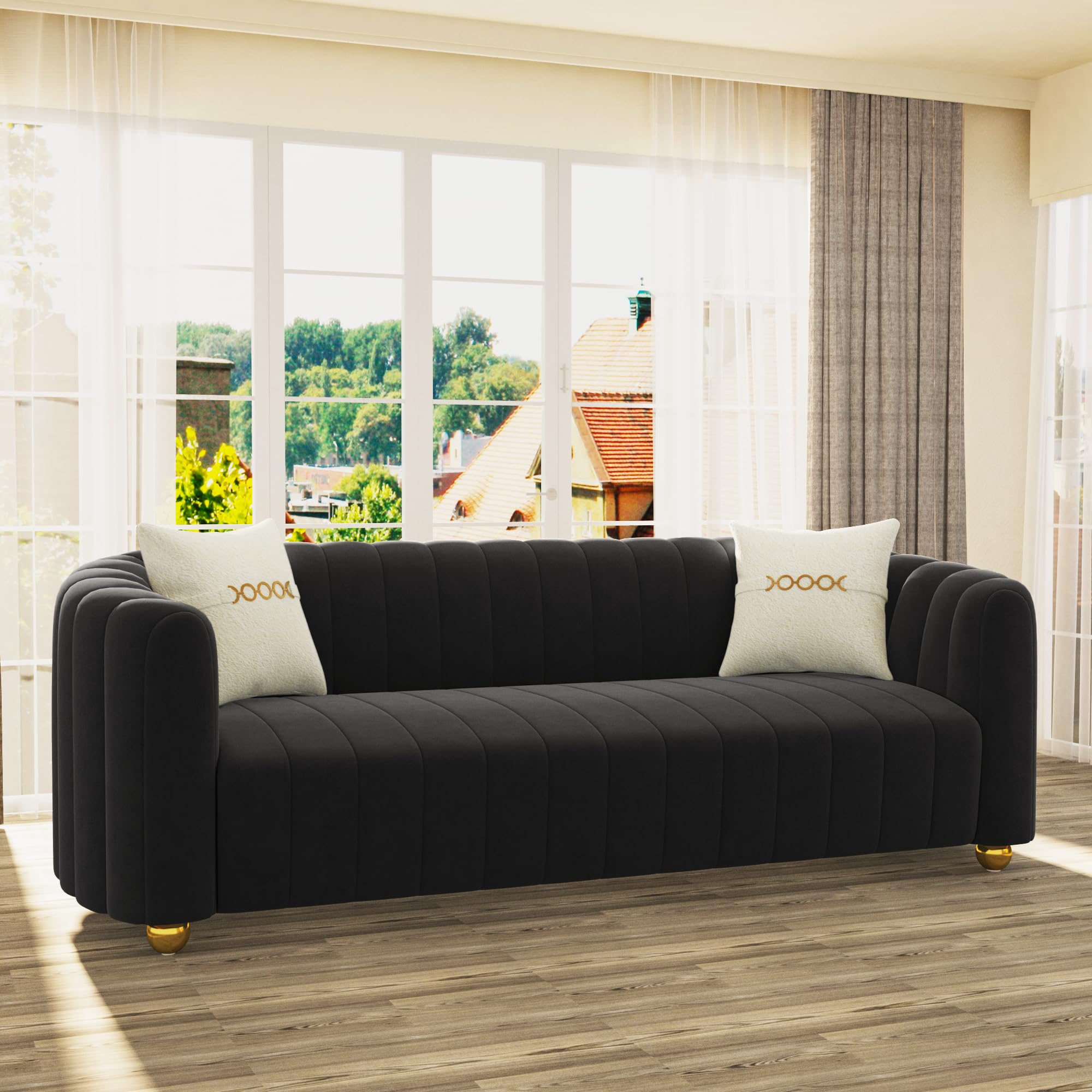 STORFENBOR 83" Black Velvet Sofa Mid Century Modern Couch for 3 Person Chesterfield Tufted Velvet Couches with 2 Pillows for Living Room Apartment