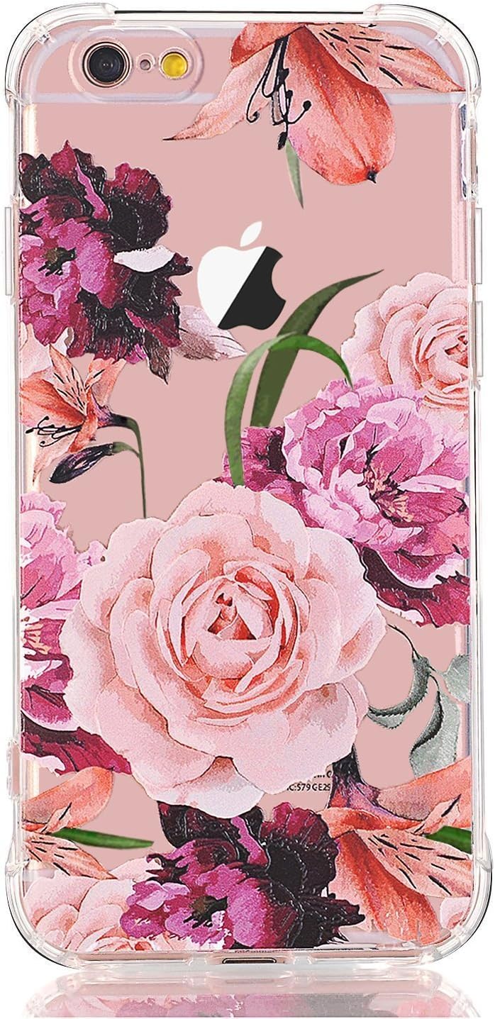 LUOLNH Slim Shockproof Clear Floral Pattern Soft Flexible TPU Back Cover Case Compatible with iPhone 6/6s [4.7 inch]-Purple Rose