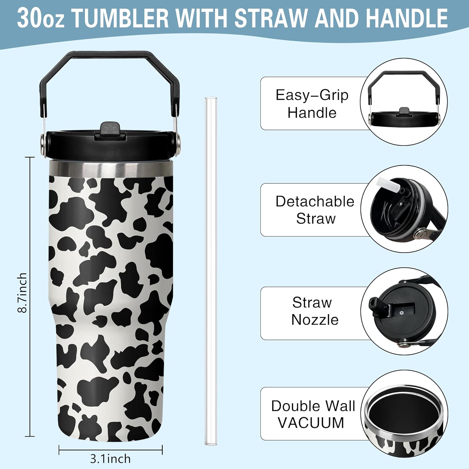 30oz Insulated Cow Tumbler with Handle, Featuring a Leak-proof 2-in-1 Lid and Straw, a Vacuum-insulated Travel Coffee Mug, Portable Stainless Steel Water Bottle, Suitable for Both Women and Men - Image 2