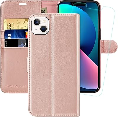 MONASAY Wallet Case for iPhone 14 Plus 5G, 6.7-inch [Glass Screen Protector Included] [RFID Blocking] Flip Folio Leather Cell Phone Cover with Credit Card Holder for Apple 14 Plus, Rosegold