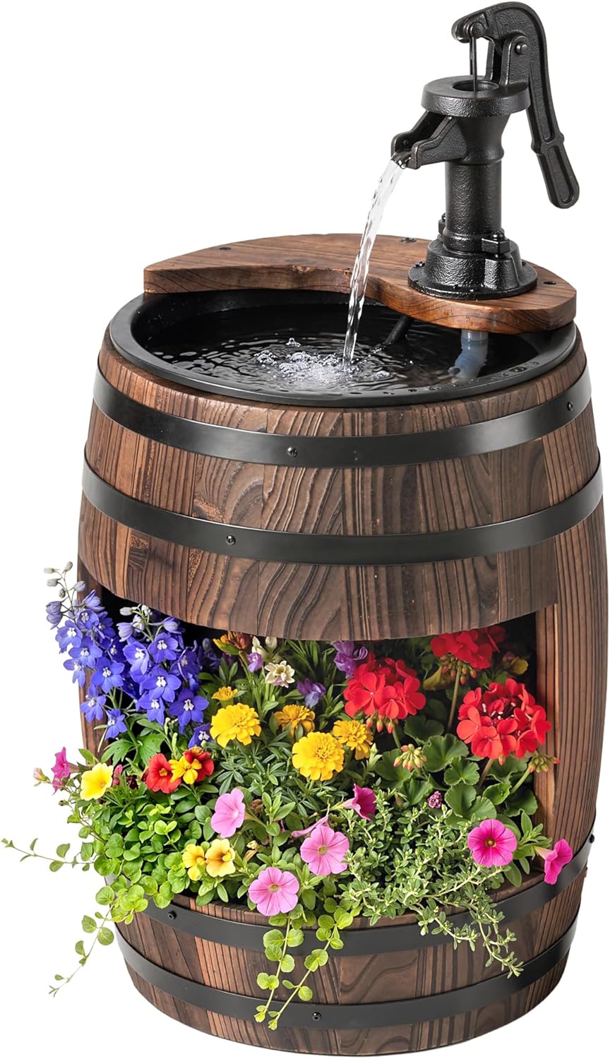 Outsunny 23" Tall Wooden Outdoor Fountain, 2 Tiers Electrical Apple Barrel Waterfall with UL Certified 3600r/min Speed Pump, Rustic Garden Decor for Patio, Backyard, Carbonized