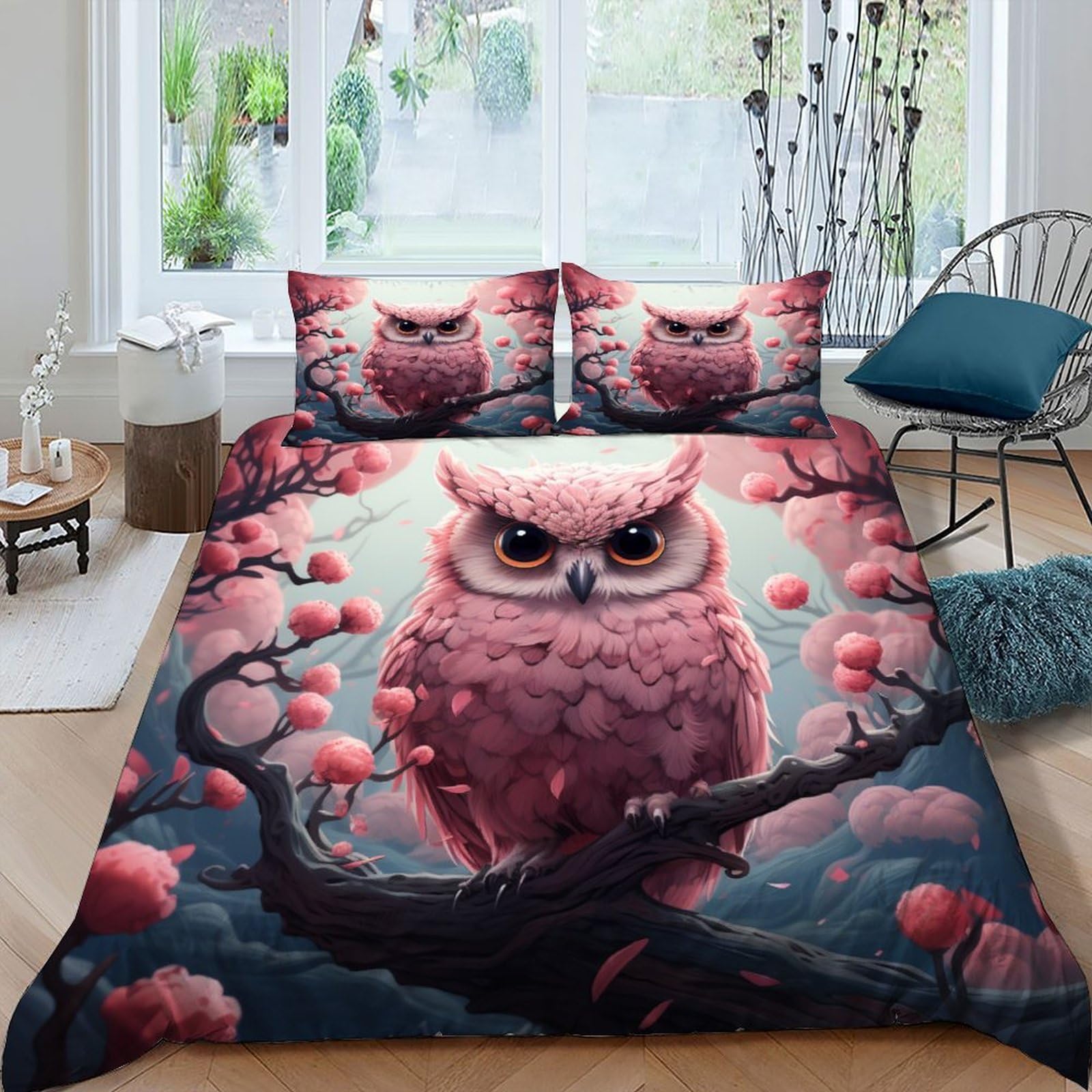Housse de couette king size infroissable imprimé hibou pour lit double 220x240cm
