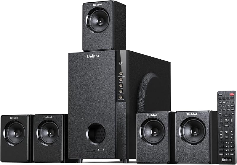 Sistemas de cine en casa con subwoofer de 5,25 pulgadas, pico de 600 vatios | parlantes de sonido envolvente satélite con cable 5,1, sistema estéreo de Audio de graves profundos con Radio FM Bluetooth AUX DVD USB entrada SD