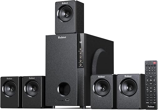 Bobtot Home Theater Systems with 5.25 inch Subwoofer, 5.1 Wired Satellite Surround Sound Speakers, 600 Watts Peak Power Deep Bass Audio Stereo System with FM Radio Bluetooth AUX DVD USB SD Input