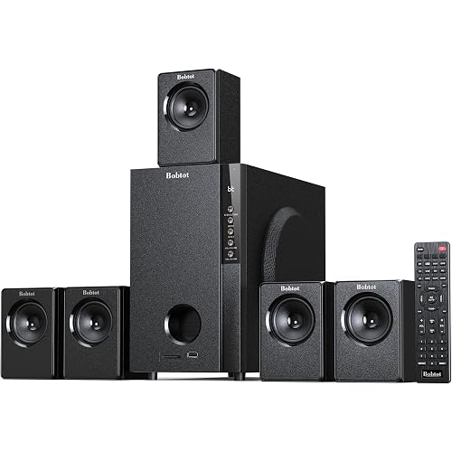 Bobtot Home Theater Systems with 5.25 inch Subwoofer, 5.1 Wired Satellite Surround Sound Speakers, 600 Watts Peak Power Deep Bass Audio Stereo System with FM Radio Bluetooth AUX DVD USB SD Input
