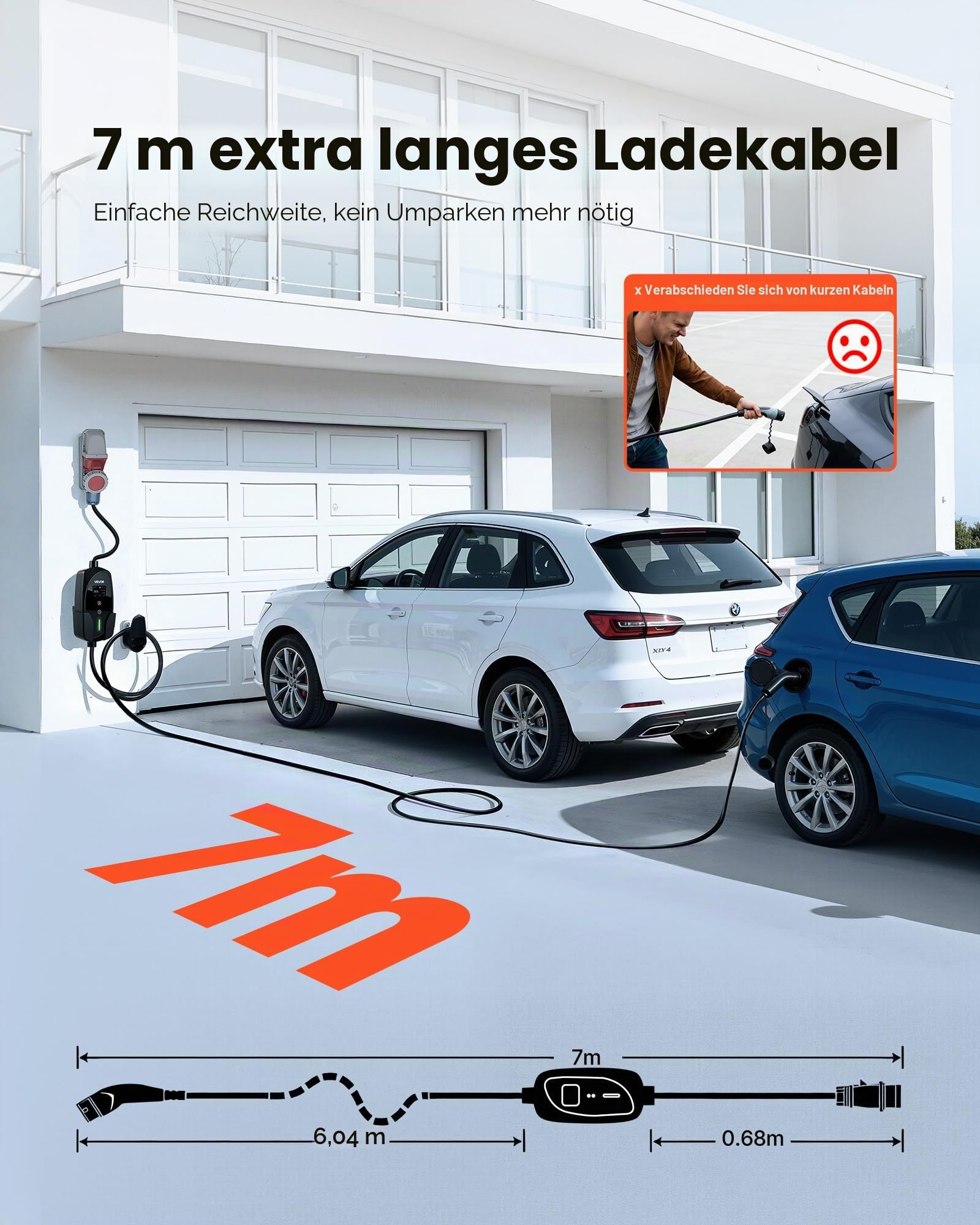 VEVOR Mobile Wallbox, 22 kW, 32 A, Typ 2 Ladestation für Elektrofahrzeuge, 3-Phasig-Ladegerät mit 7 m Ladekabel, CEE32-Stecker, LCD-Bildschirm, IP66-Steuerbox, für Elektrofahrzeuge