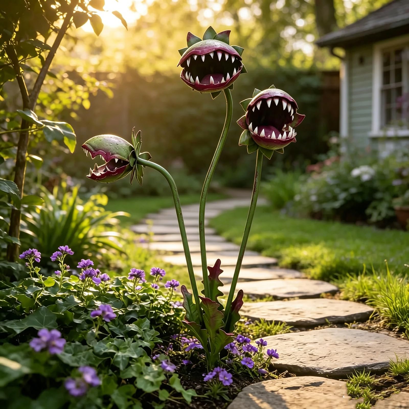 Whimsical Large Metal Venus Flytrap Garden Stake, 25-Inch Decorative Carnivorous Plant Sculpture Outdoor Yard Art for Patio Lawn