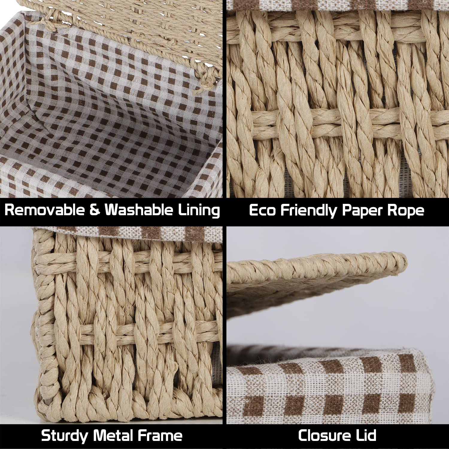 HOKIPO Canastas de mimbre de cuerda de papel ecológicas con tapa, paquete de 3, beige (AR-3905-BGE)