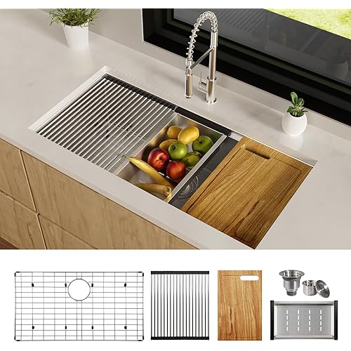 36 Inch Workstation Kitchen Sink, TECASA Undermount Deep Single Bowl, 16 Gauge Stainless Steel with Integrated Ledge and Accessories, World-Class Manufacturing Standard (18" x 36" x 10")