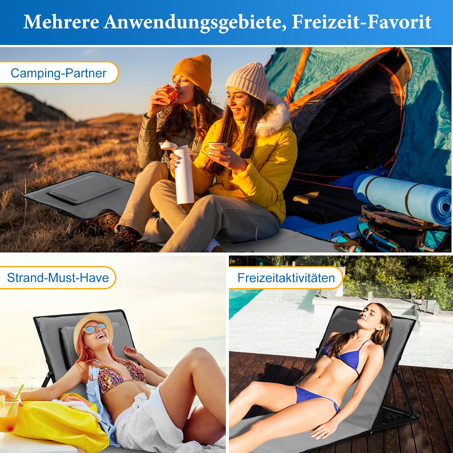 Ikodm Mata plażowa, 2 x mata plażowa, składana, z 5-stopniową regulacją oparcia, przenośna, łącznie z torbą do noszenia, mata plażowa na urlop, do ogrodu, na kemping – szara
