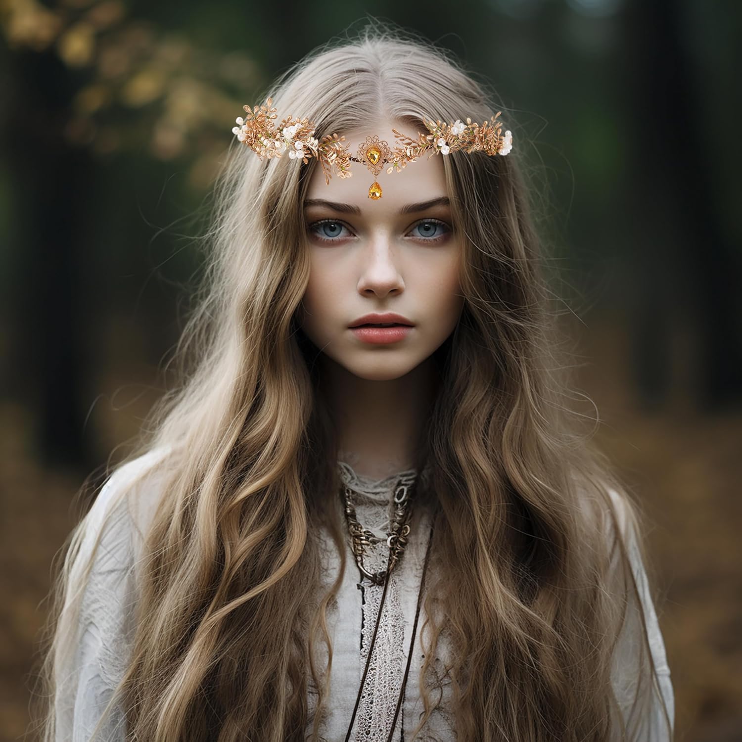 Vivivalue Golden Fairy Crown Floral Headband Even Headpiece Woodland Forest Flower Circlet for Women Wedding Bridal Halloween Cosplay Photo Shoot Accessory - Image 2