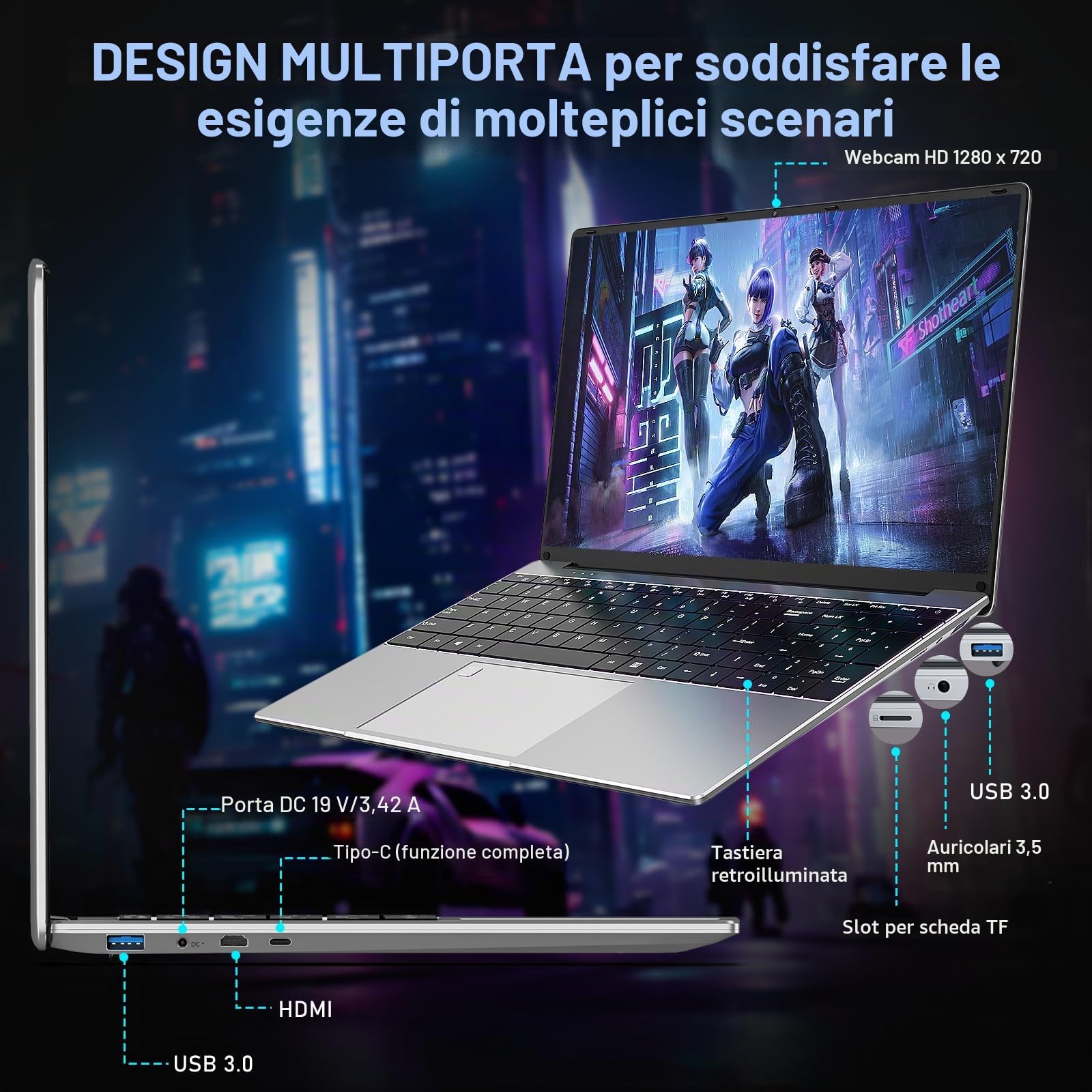 NAIKLULU Computer portatile da gioco 2025 da 16 pollici con processore R-5 7430U, 16 GB DDR4, 1T SSD, display FHD 1920 x 1080P, Windows 11 PRO, WiFi 6, tastiera retroilluminata HDMI, per studenti