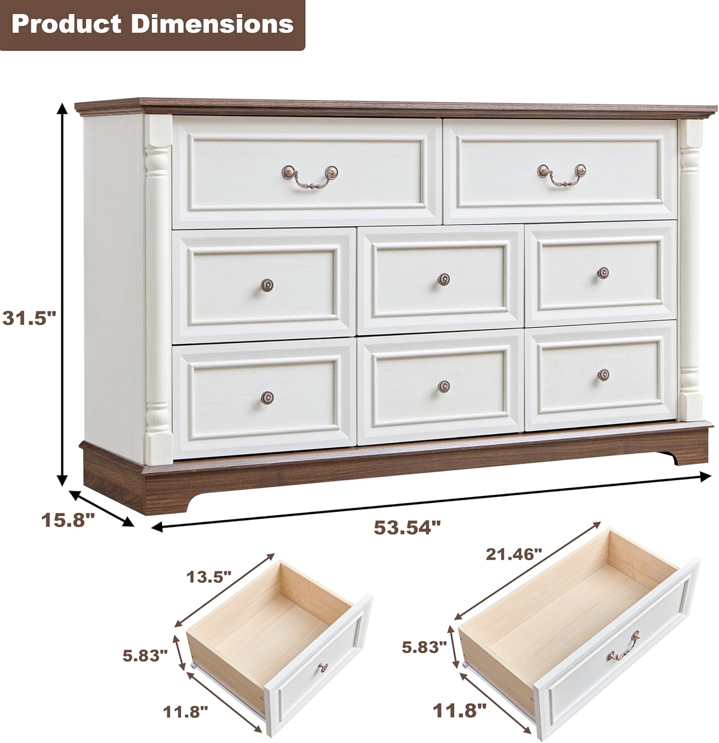 3PC Farmhouse Dresser and Nightstand Sets for Bedroom, Including 8 Drawer Dresser & 2 Drawer Night Stand Set of 2 with USB,Antique White