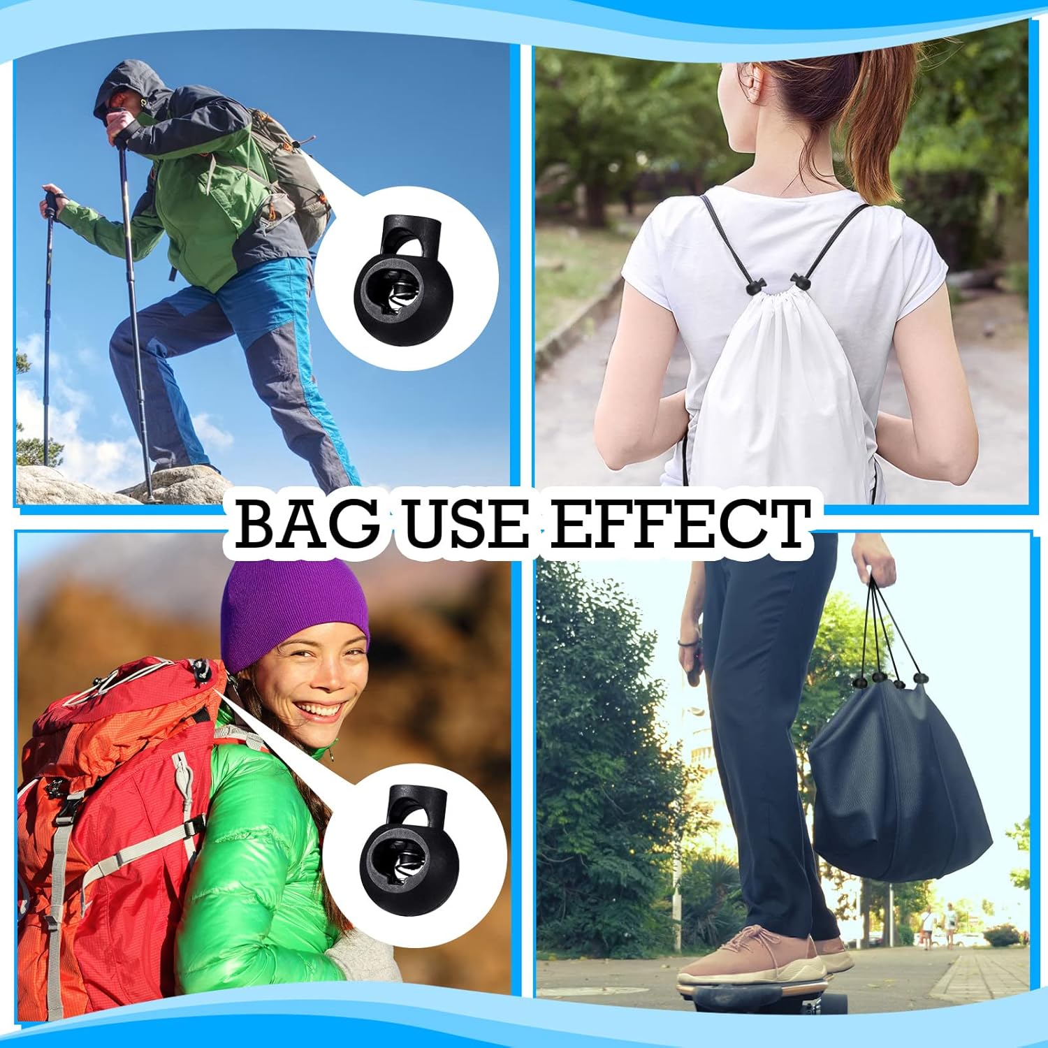 Patelai 50 Pieces Cord Locks Spring Toggles Stoppers Plastic Single Hole End Stopper Slider and 1/8 Inch 66 Feet Elastic Bungee Cord for Drawstring Shoelaces Clothing Bags(Black, Round Style) - Image 3