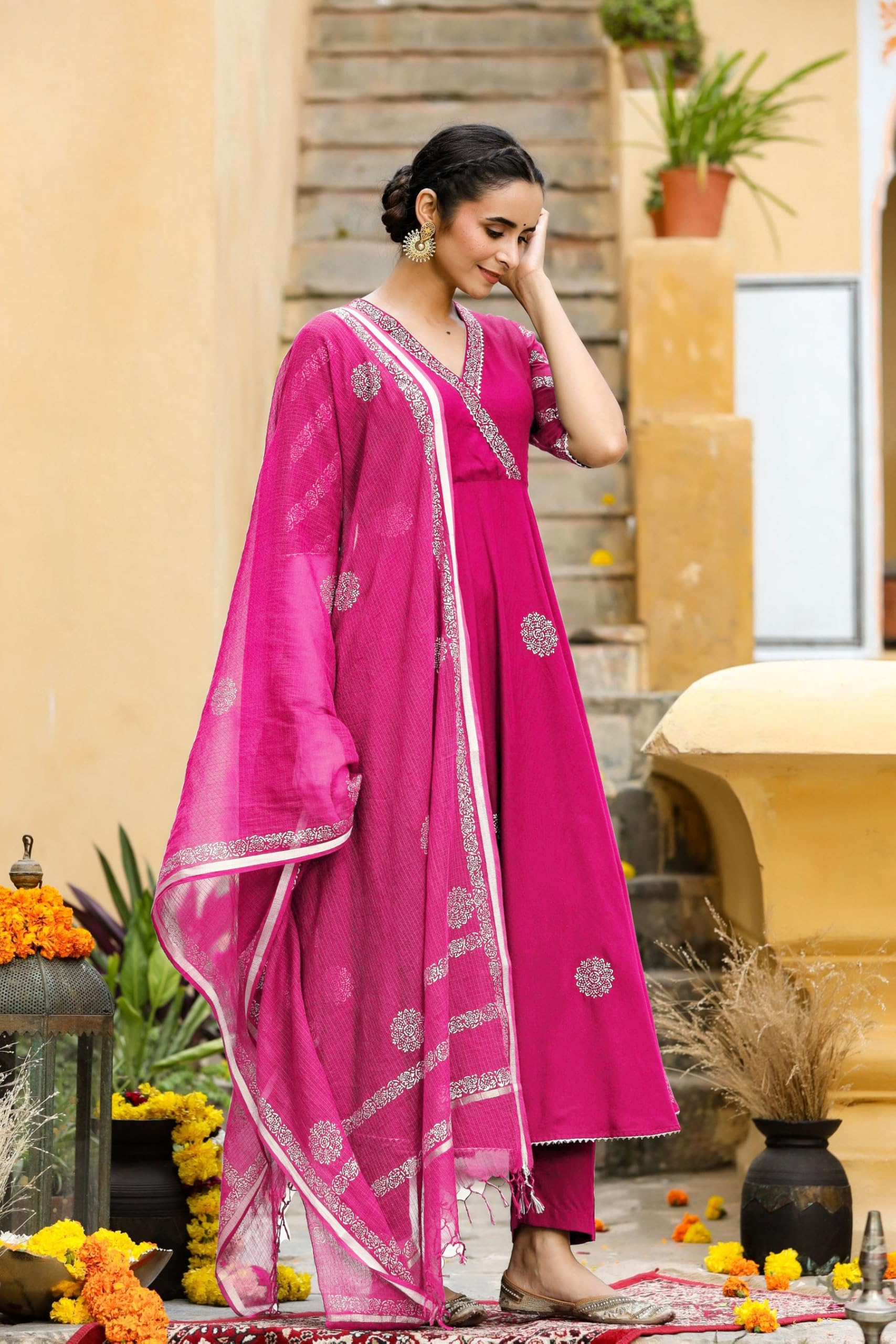 GoSriKi Women's Rayon Blend Anarkali Printed Kurta with Pant & Dupatta (Berlin Pink-GS_XL_Pink_X-Large) - Image 4 thumbnail