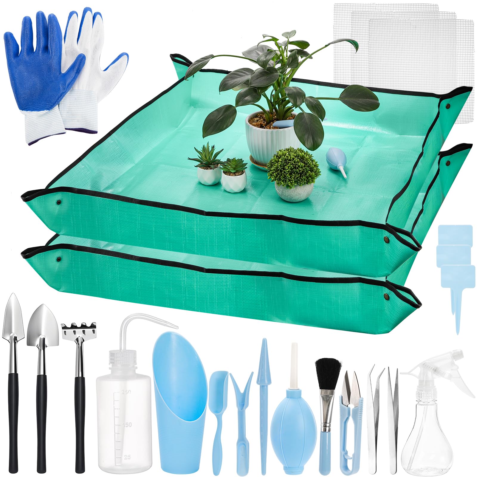 TOPZEA 23 Pack Succulent Tool Set, 2 Pack 39.4" Plant Repotting Mat Indoor Transplanting Tool Supplies Miniature Bonsai Hand Tool Kit with Plant Potting Mat, Garden Mini Gardening Tools for Plant Care