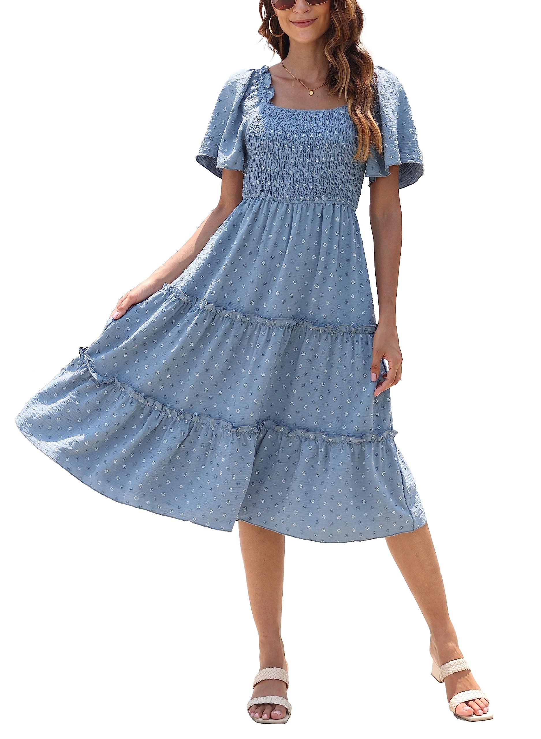 Damen Smocked Midi Kleid Kurzarm U-Ausschnitt Sommerkleid A-Linie Maxikleid Cocktail
