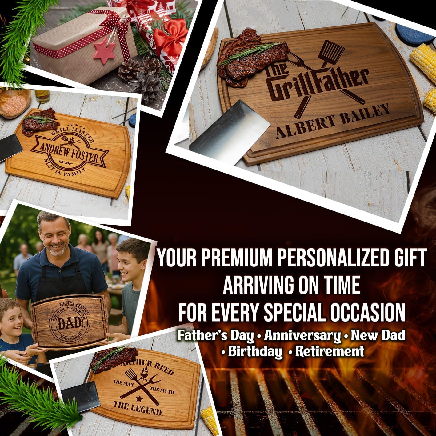 Personalized Grillfather Cutting Board for Dad, Husband, Grandpa or Father-in-Law, Custom Wooden BBQ Grilling Board for Men, Father’s Day Gift for Him