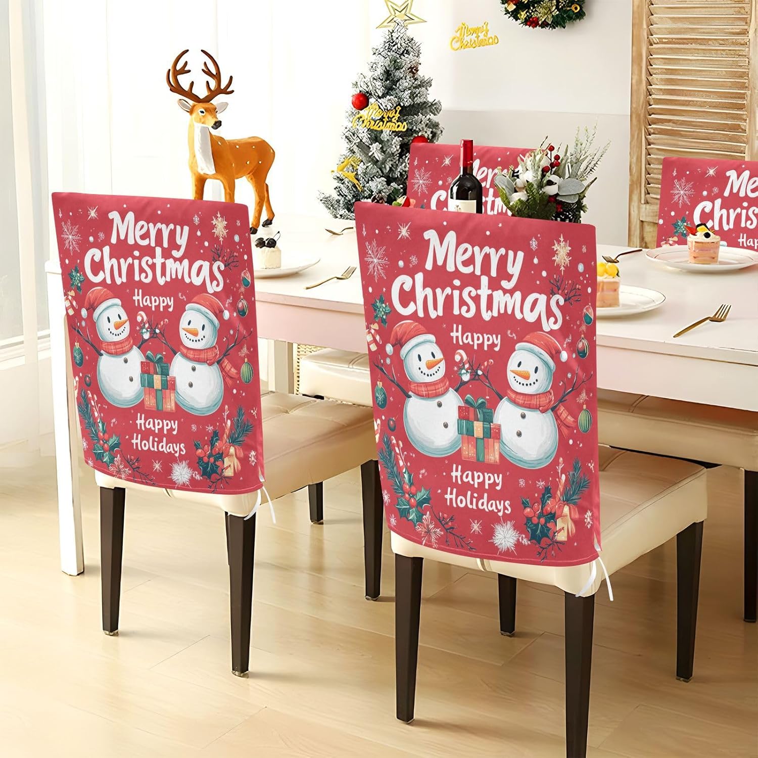 MNSRUU Christmas Chair Back Cover for Dining Room,Snowman Chair Slipcovers Set of 6,Snowman Chair Cover for Kitchen Hotel Holiday Party Decor,190