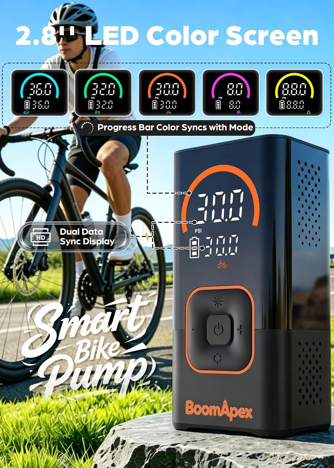 Tire Inflator Portable Air Compressor - Bike Pump with 2.88" Color Display, Real-Time Inflation Progress Bar, Air Pump with 0-150PSI Pressure Gauge, Memory Function & LED Light, Black Bike Accessories