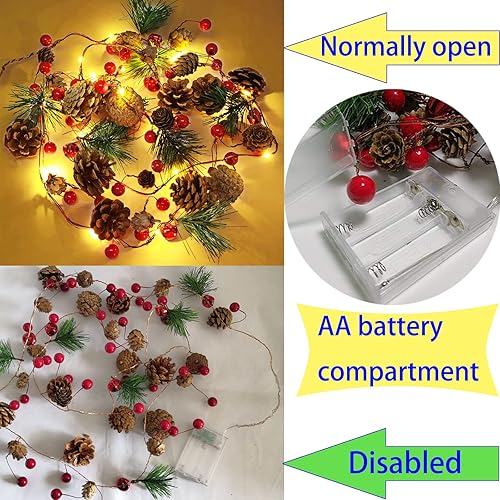 Miniatura 3 de Guirnalda de Navidad de 30 luces LED de 10 pies con luces, decoraciones de cono de pino para interior del hogar, chimenea, escalera