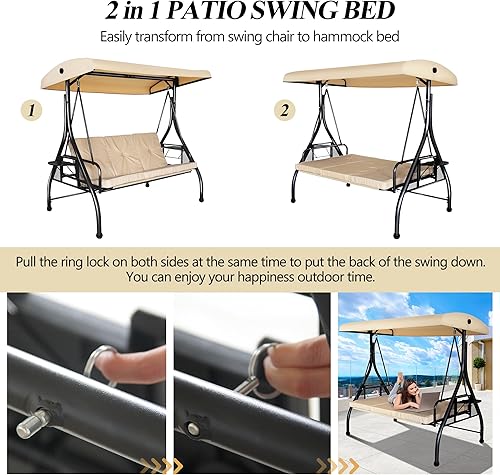 Miniatura 8 de Columpio grande de 3 asientos para porche al aire libre con toldo convertidor, hamaca de patio, silla columpio para porche, patio trasero, junto a