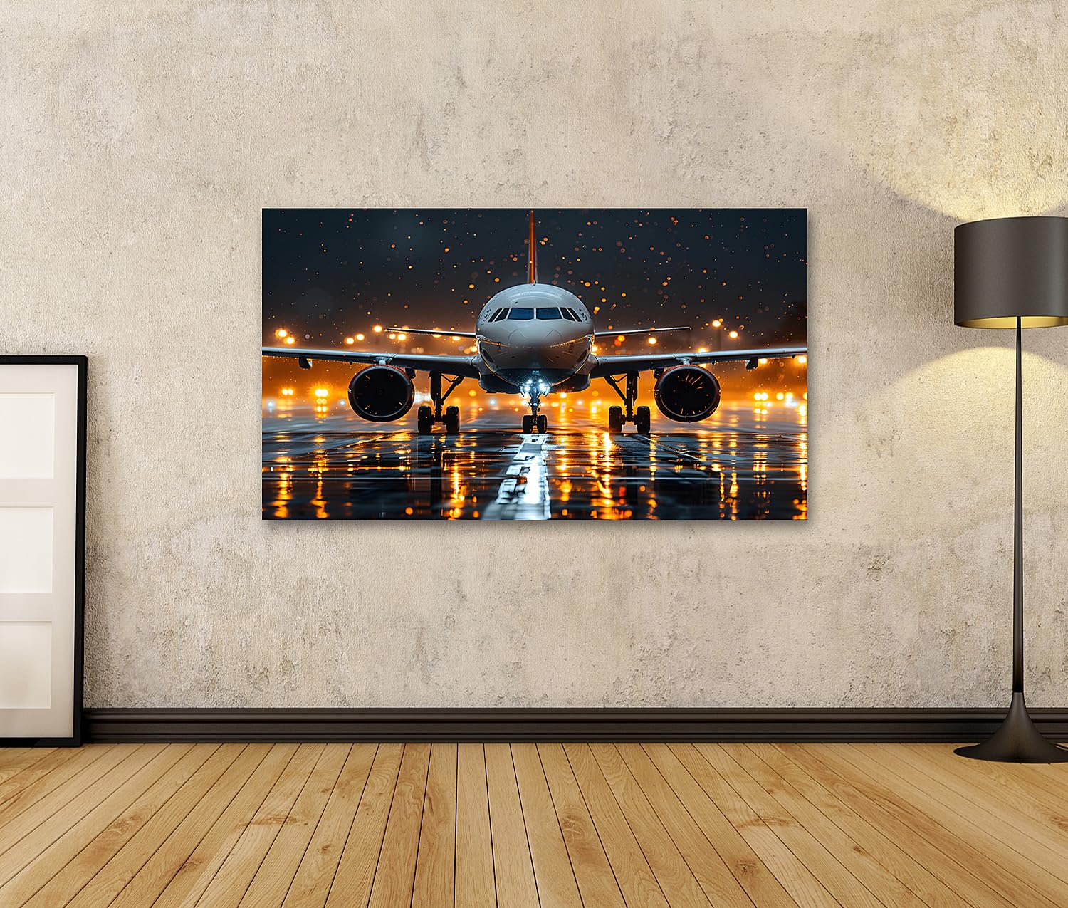 islandburner Prime Bild auf Leinwand Flugzeug Nachtaufnahme Lichter Regen Landebahn Bilder Wandbilder Poster