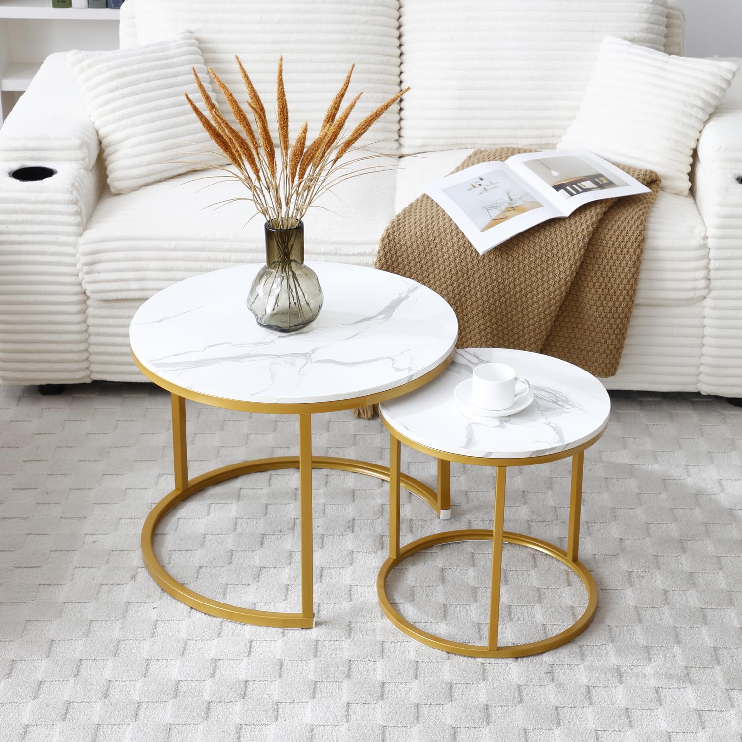 Nesting Coffee Table Set of 2, Modern Round Coffee Tables for Living Room with White Marble Tabletop, Gold Metal Frame and Non-Slip Feet, Circle Wooden Tables Side Table End Tables for Bedroom