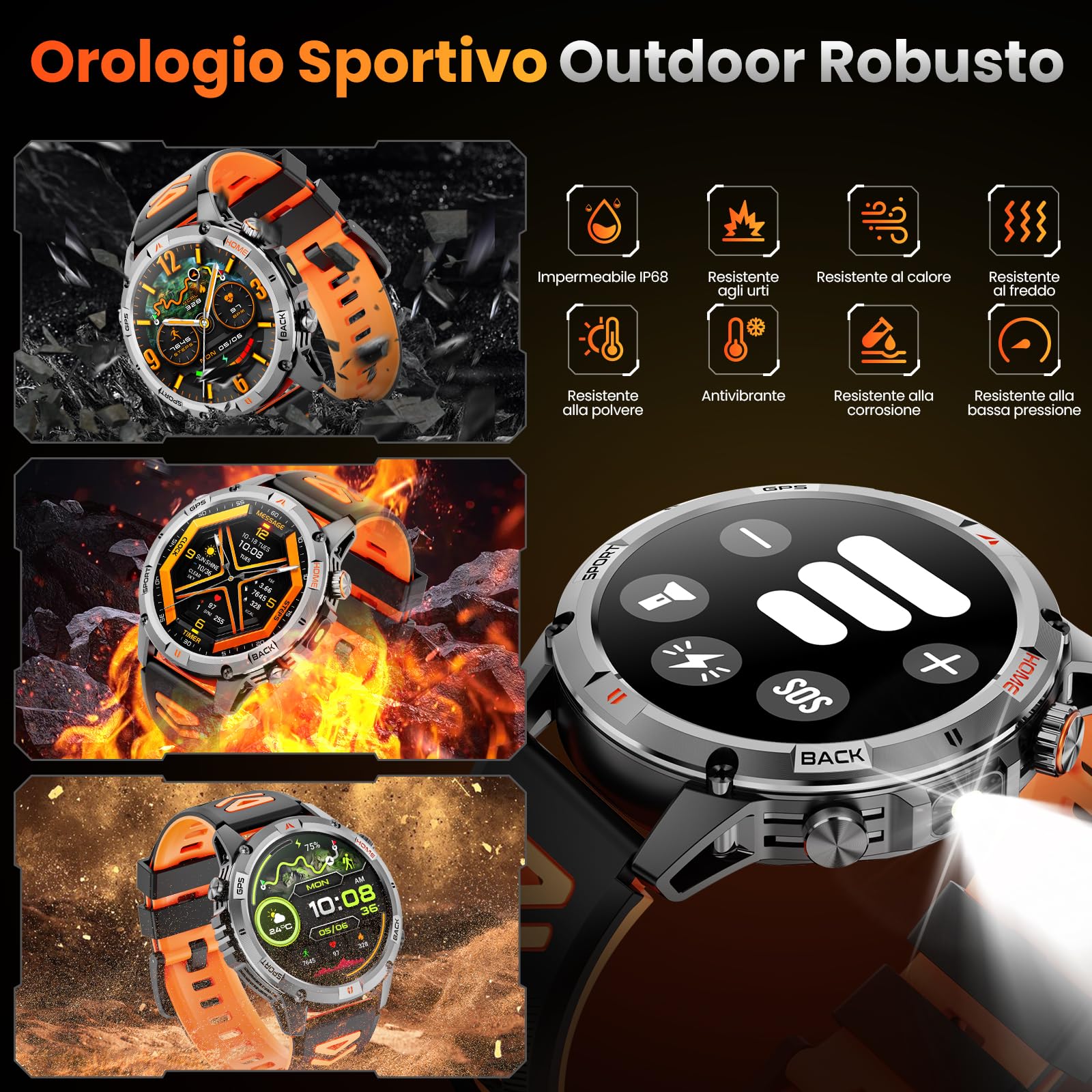 Smartwatch Uomo Militare, 1,46" HD Orologio GPS con LED Torcia, Bussola,100+ Modalità Sportive Smart Watch, Monitoraggio della Salute,Impermeabile IP68, Chiamate Bluetooth per Android iOS