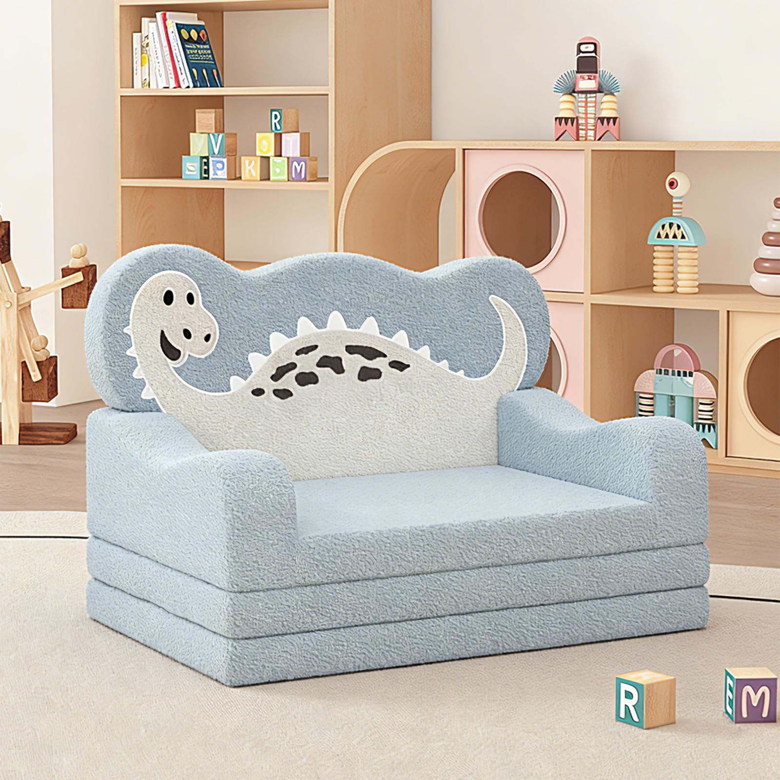 YACODAVO 2-in-1 Toddler Couch Fold Out, Foldable Kids Sofa, Kids Chairs Comfy, Gift for Boys, Gift for Birthday, Children's Day, Sky Blue Dinosaur
