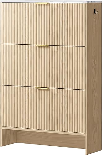 IRONCK Armario de almacenamiento de zapatos con 3 cajones abatibles, armario de zapatos estriado para entrada, organizador de zapatos de madera para