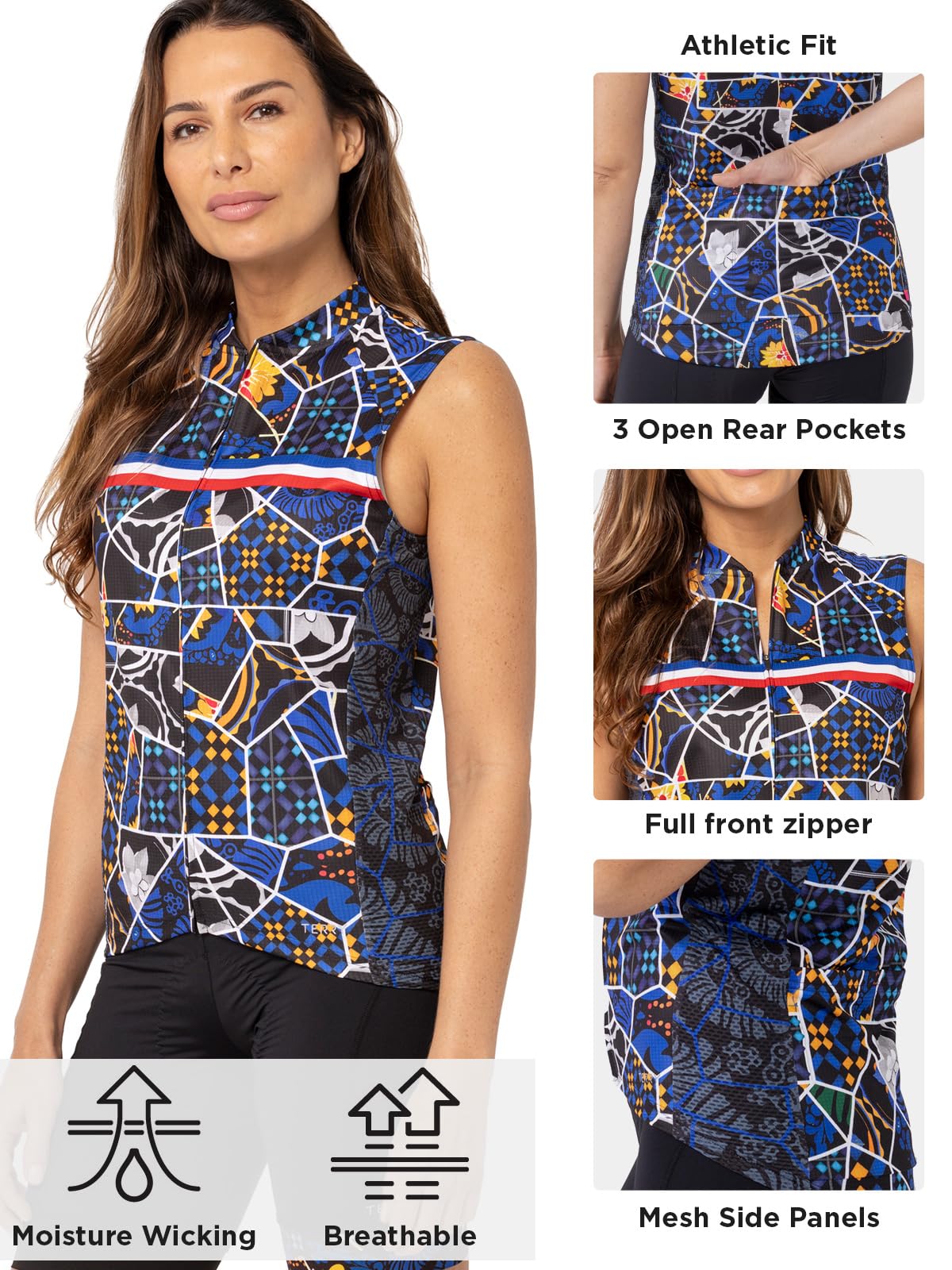 Terry Radtrikot für Damen, charakteristisch, ärmellos, mit Taschen, athletische Passform, durchgehender Reißverschluss vorne, Sommer-Top